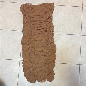 Express Strapless Ruched Bodycon Dress in Camel Brown